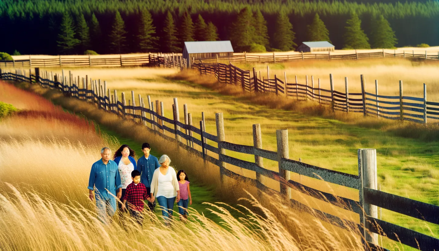 Family walking along inherited rural property in Washington