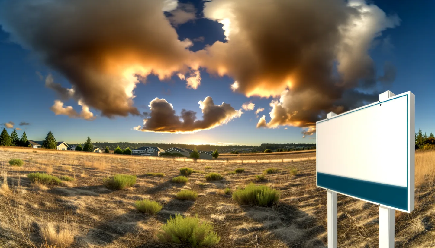 Vacant Washington land parcel with real estate sign at golden hour