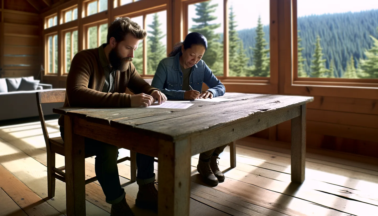 Two people reviewing land sale documents without a realtor