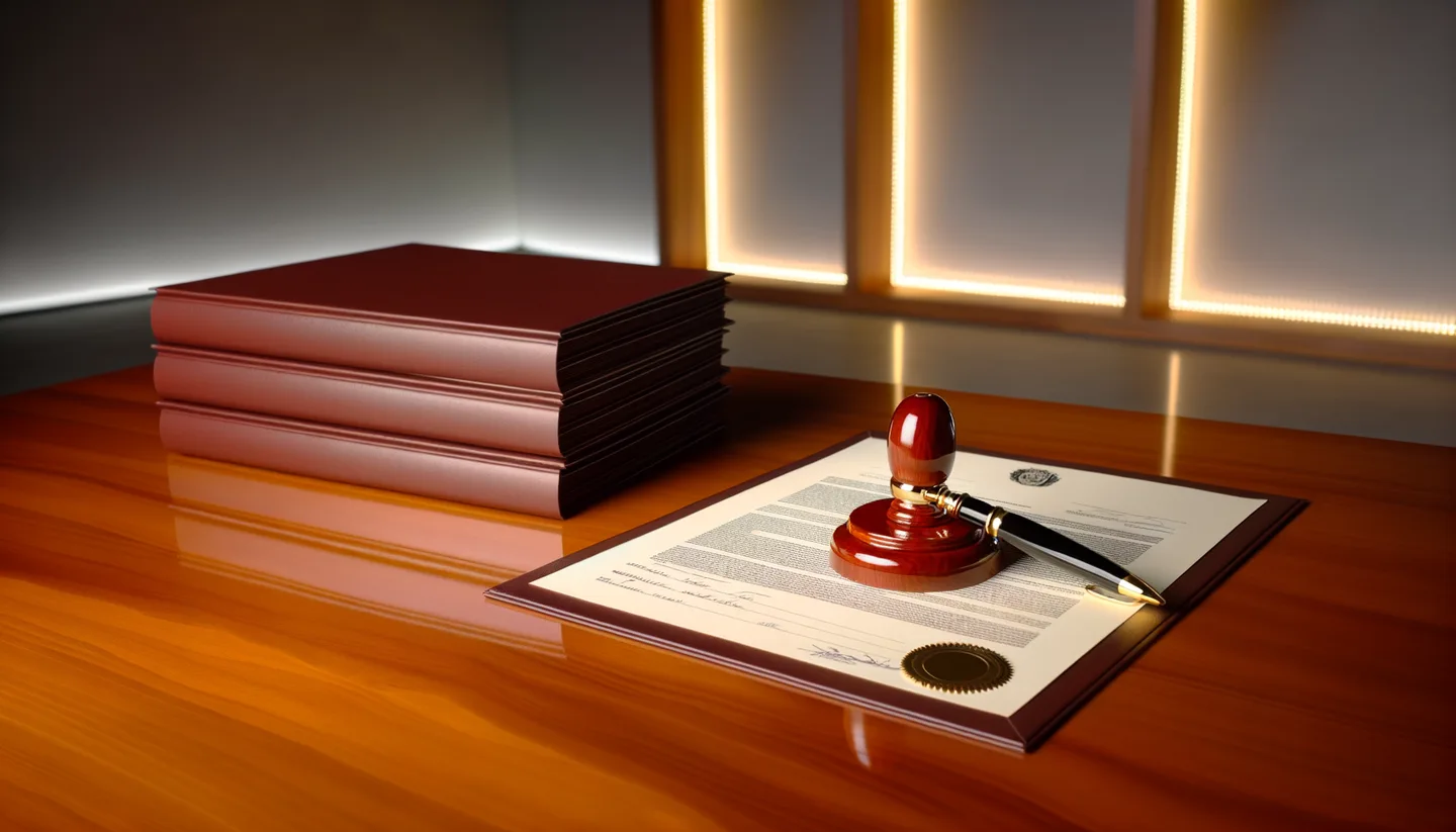 Legal land deed with notary stamp and fountain pen on desk