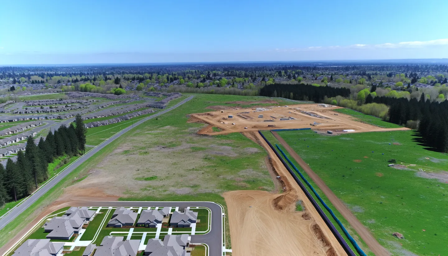 Aerial view of undeveloped land next to new construction in Washington