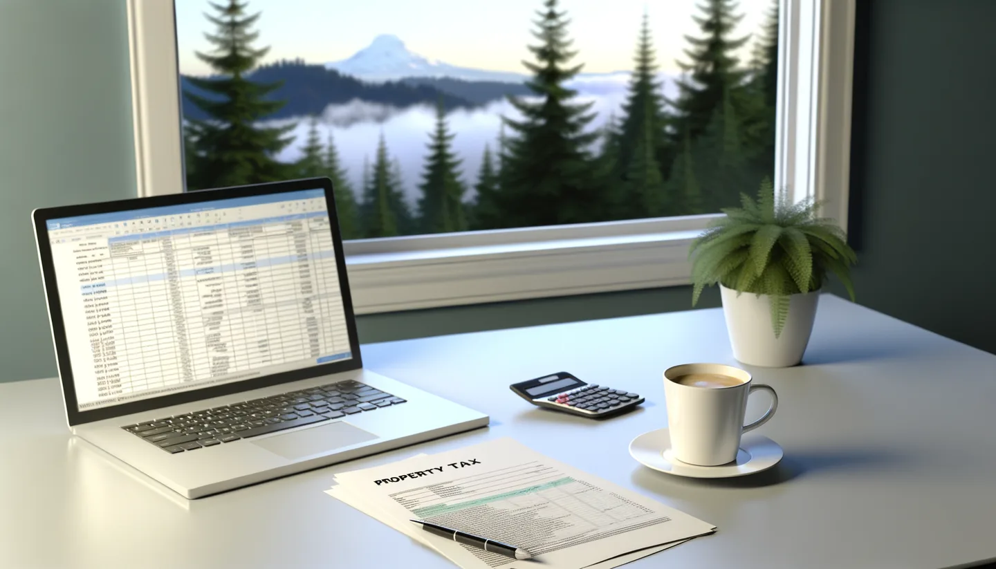 Property tax documents and laptop on a desk in Washington