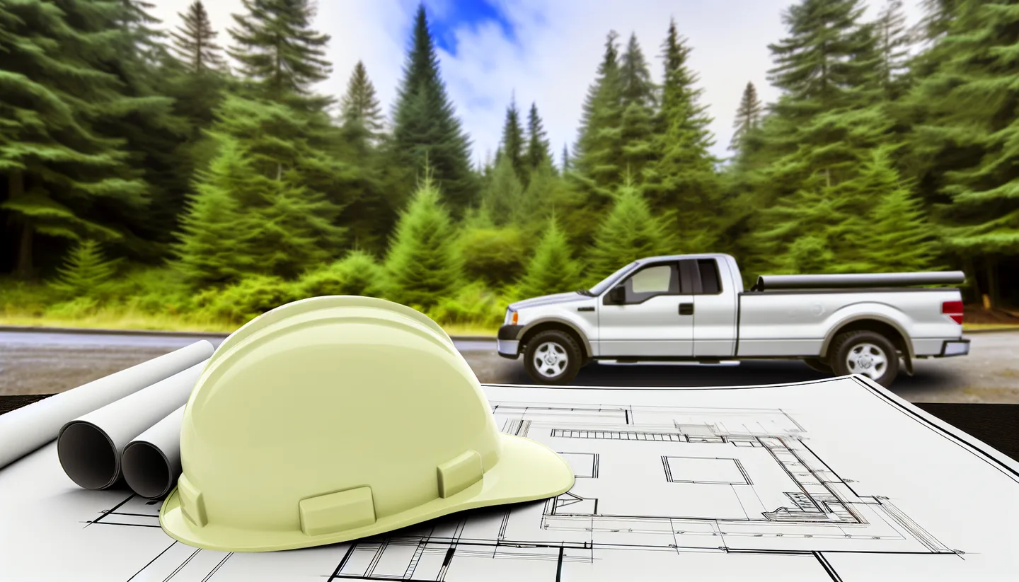Blueprints and hard hat on a truck hood at a construction site