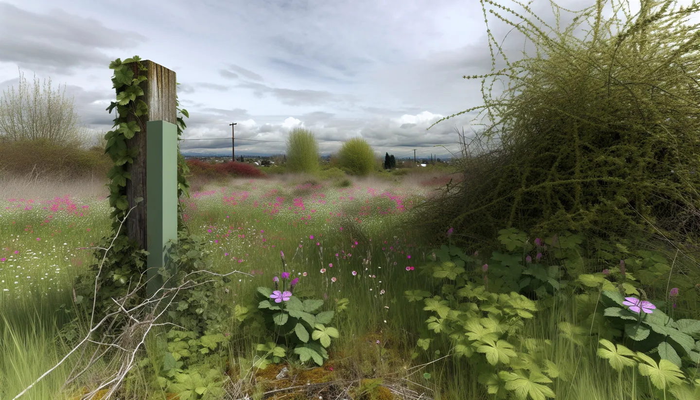 Overgrown inherited land parcel with boundary marker in Washington