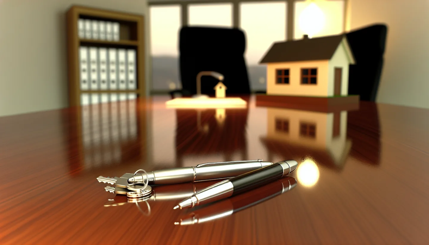 Property closing table with signed documents and keys from above