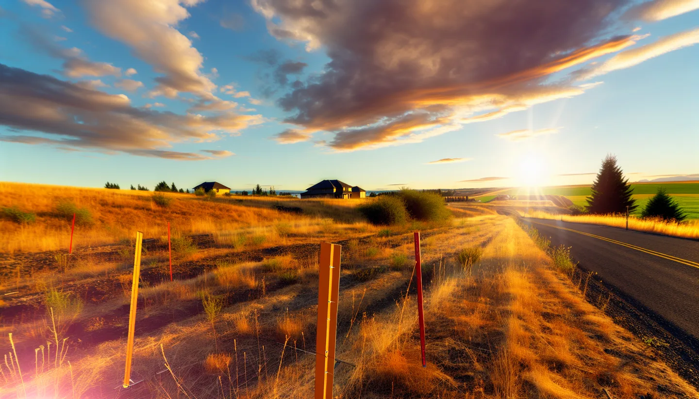 Rural Washington property with survey stakes along a county road