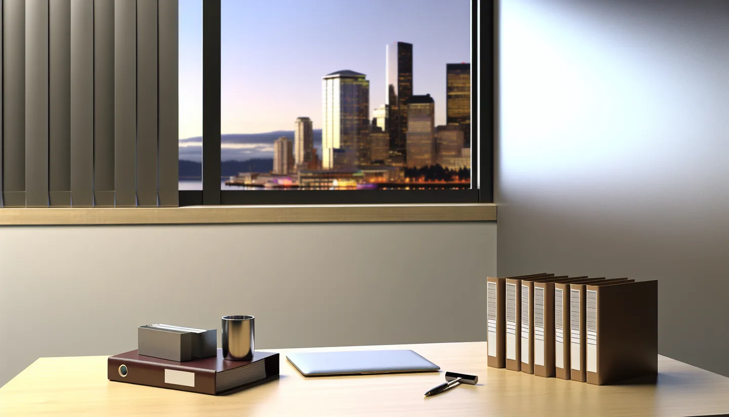 Professional office with property documents and Washington city view
