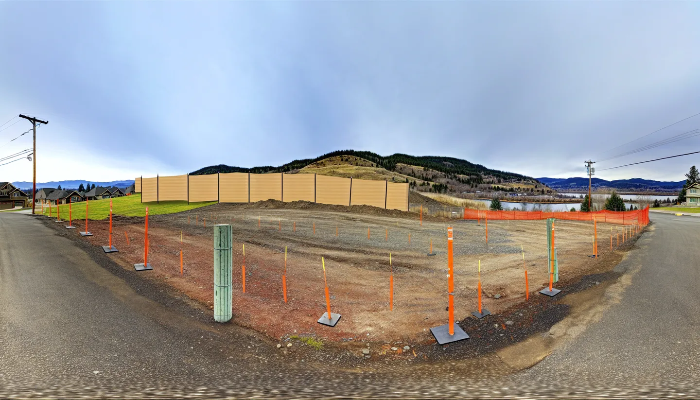 Graded construction lot with utility stakes in Pacific Northwest