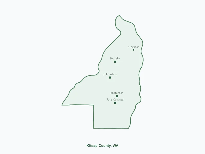 Map of Kitsap County, WA showing major cities