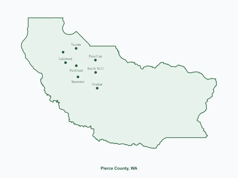 Map of Pierce County, WA showing major cities