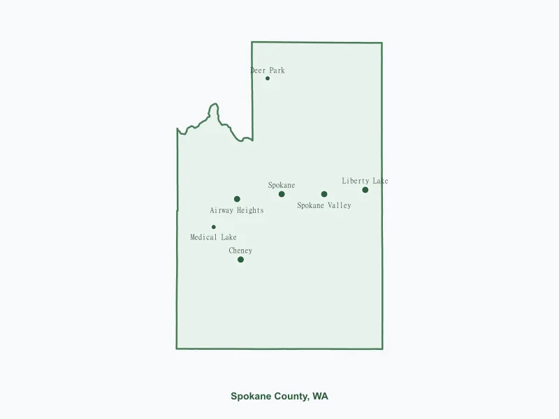 Map of Spokane County, WA showing major cities