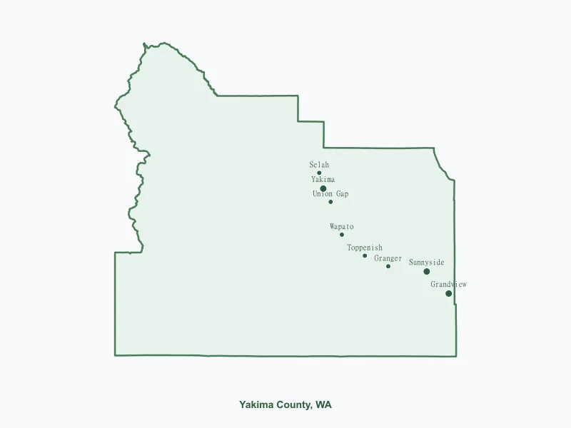Map of Yakima County, WA showing major cities