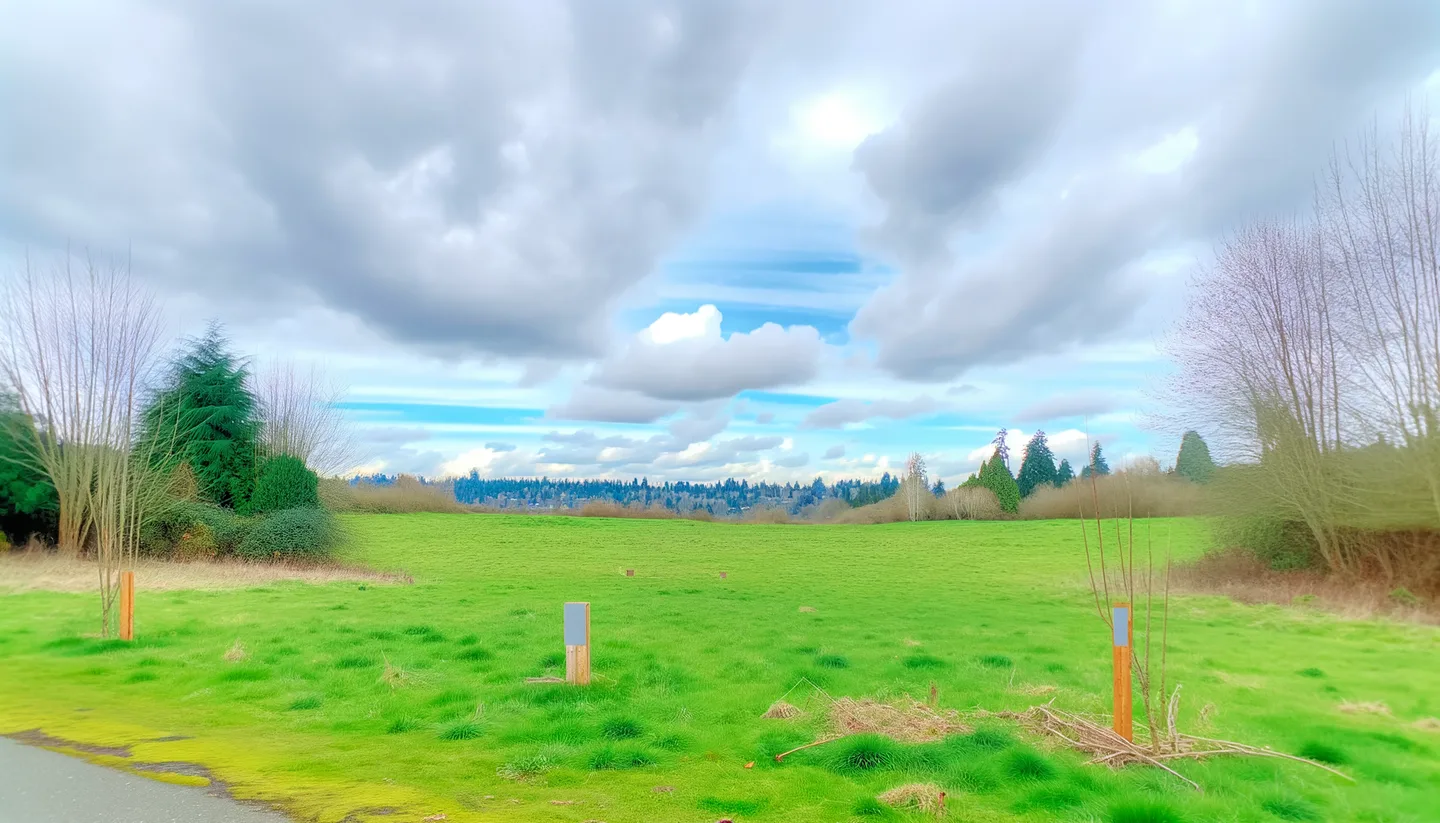 Vacant land parcel for sale in Everett, Washington with Pacific Northwest evergreen trees