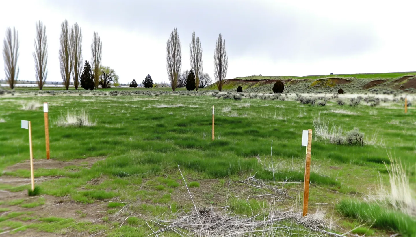 Vacant land parcel for sale in Kennewick, Washington with Pacific Northwest evergreen trees