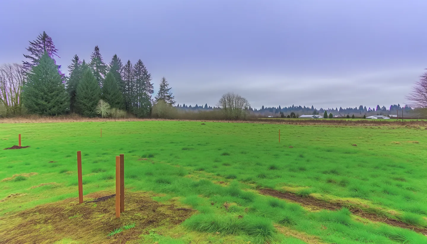 Vacant land parcel for sale in Olympia, Washington with Pacific Northwest evergreen trees