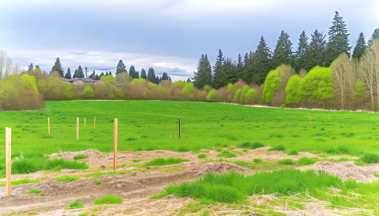 Vacant land parcel for sale in Seattle, Washington with Pacific Northwest evergreen trees