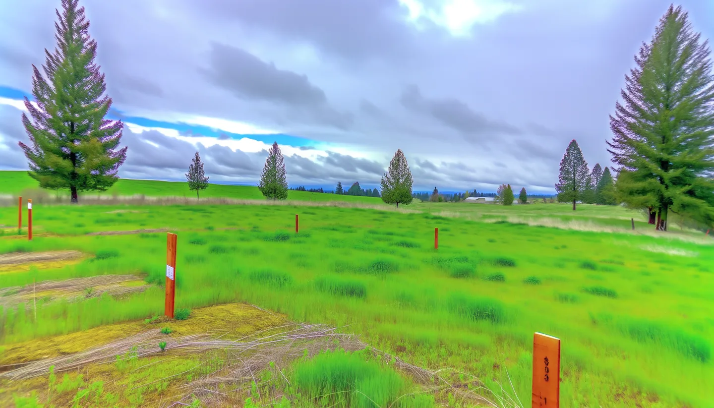 Vacant land parcel for sale in Yakima, Washington with Pacific Northwest evergreen trees